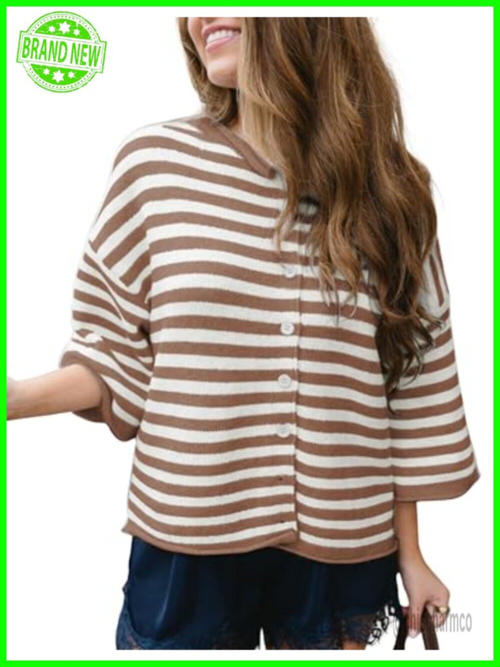 Women's Oversized Striped Cardigan Short Sleeve Button Knit Sweater Top